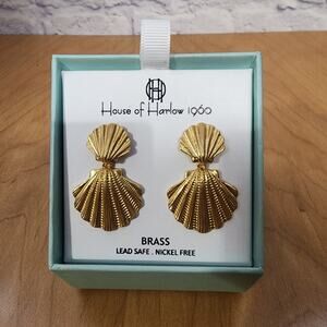 HOUSE OF HARLOW 1960 Gold Tone Clam Shell Pierced Dangle Hanging Earring NIB